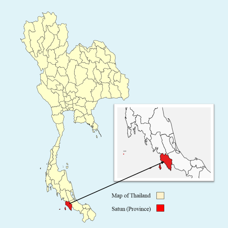 A map of thailand with a red location Description automatically generated